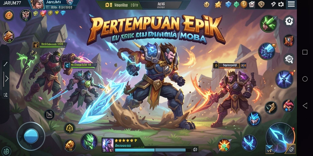 Screenshot JARUM77 menampilkan aksi intens di arena MOBA.