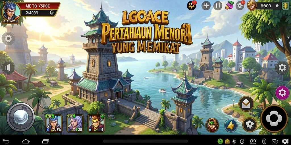 Screenshot gameplay LGOACE dengan menara dan musuh yang beragam.