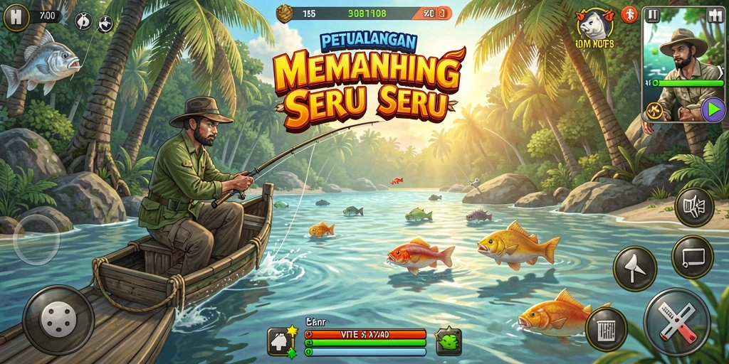 Screenshot VM108 menampilkan aksi seru menangkap ikan di danau.