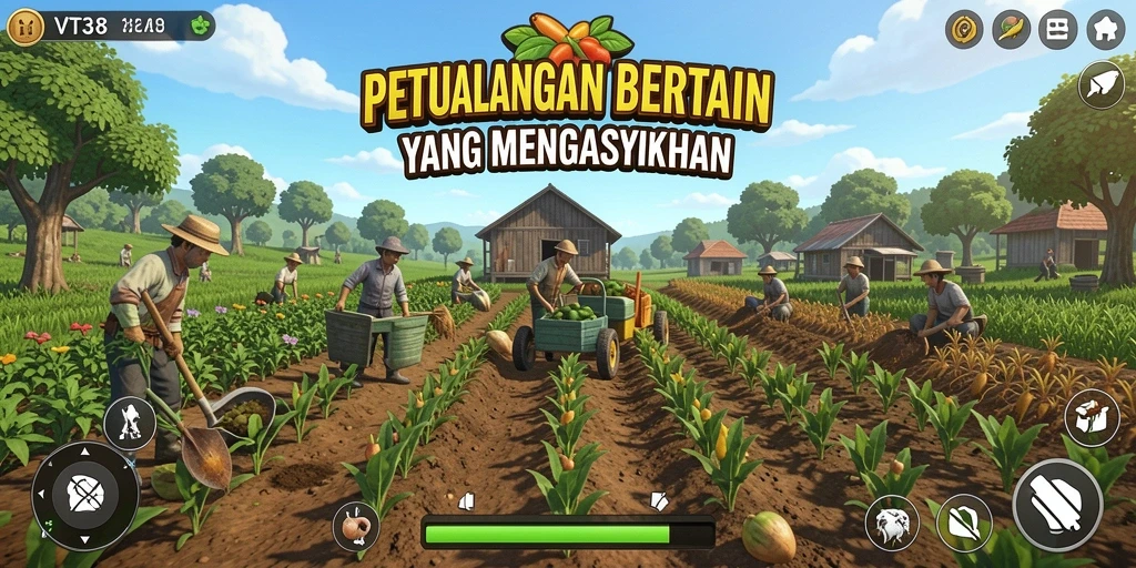 Tampilan gamplay menarik dari VT38 dengan ladang dan hewan peliharaan.