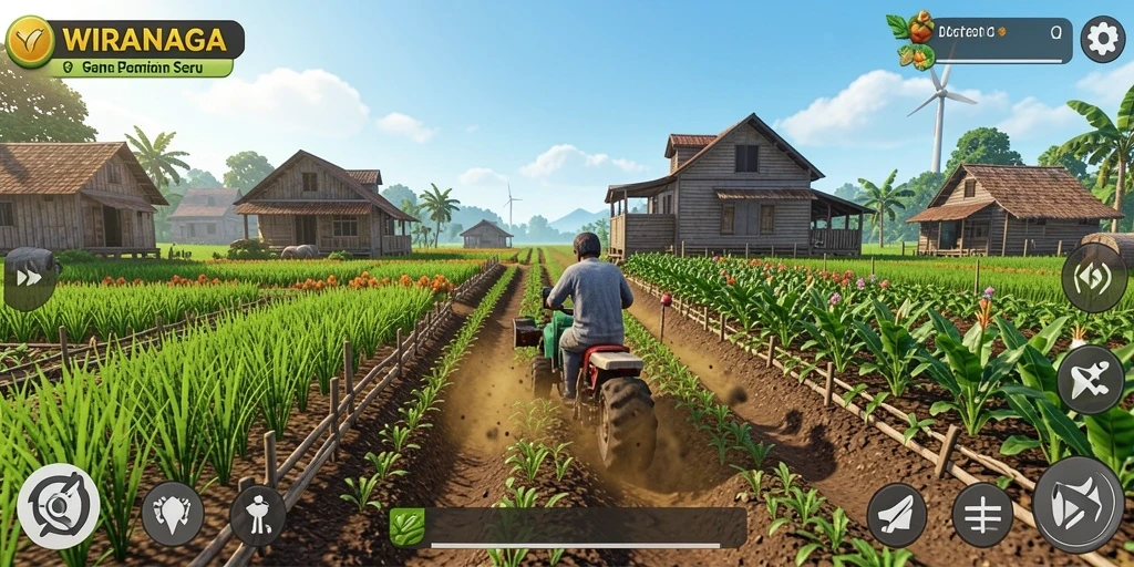 Tangkapan layar gameplay WIRANAGA menunjukkan kebun yang subur dan hewan lucu.